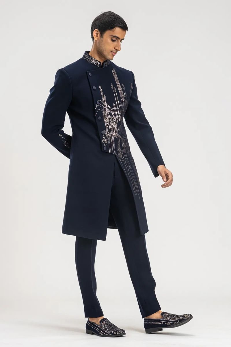 Dark Midnight Blue Kamdhani Italian Sherwani (2-Piece) - Image 4