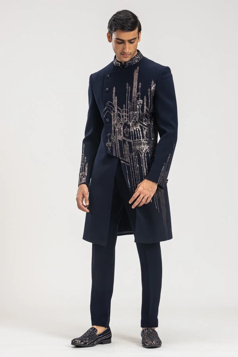 Dark Midnight Blue Kamdhani Italian Sherwani (2-Piece) - Image 5