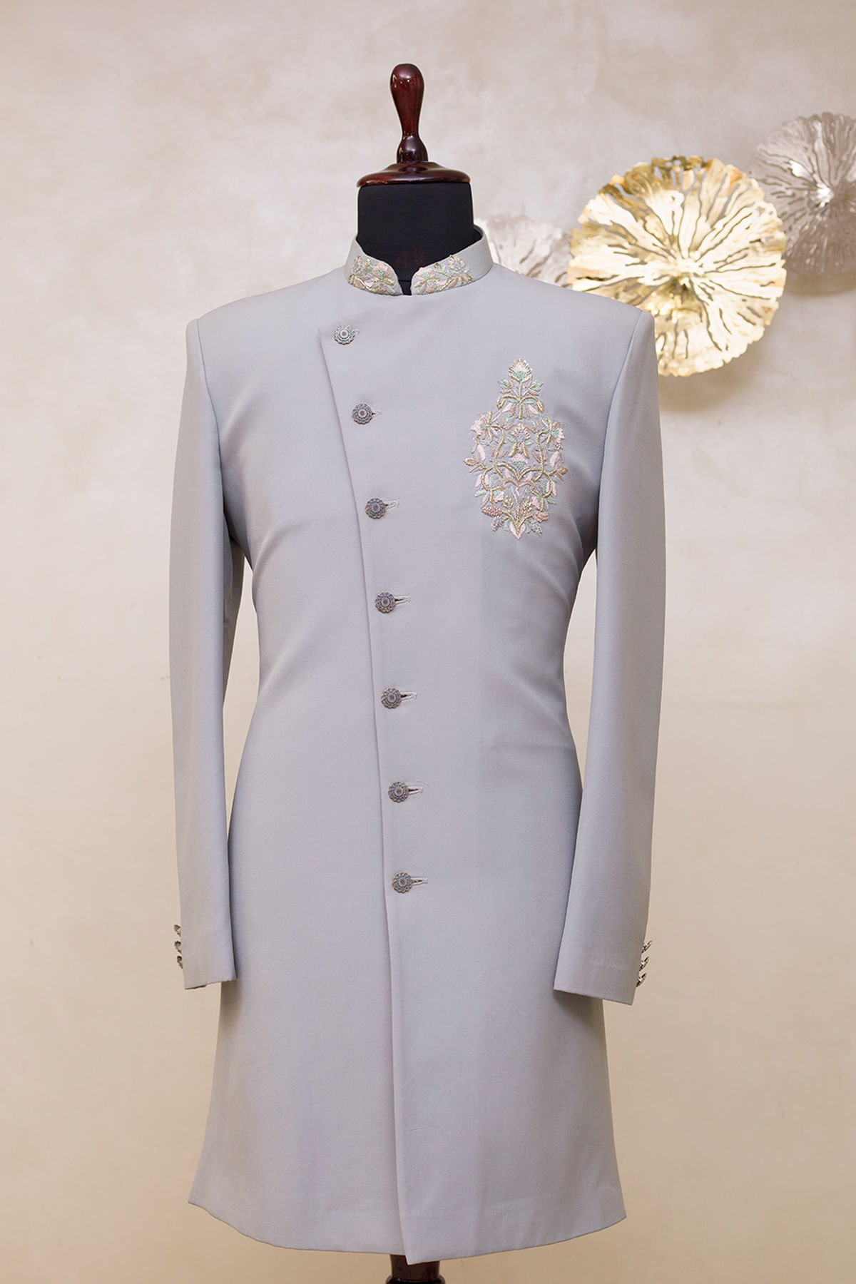 Light Blue Grey Zardosi Embroidered Sherwani (2-Piece) - Image 1