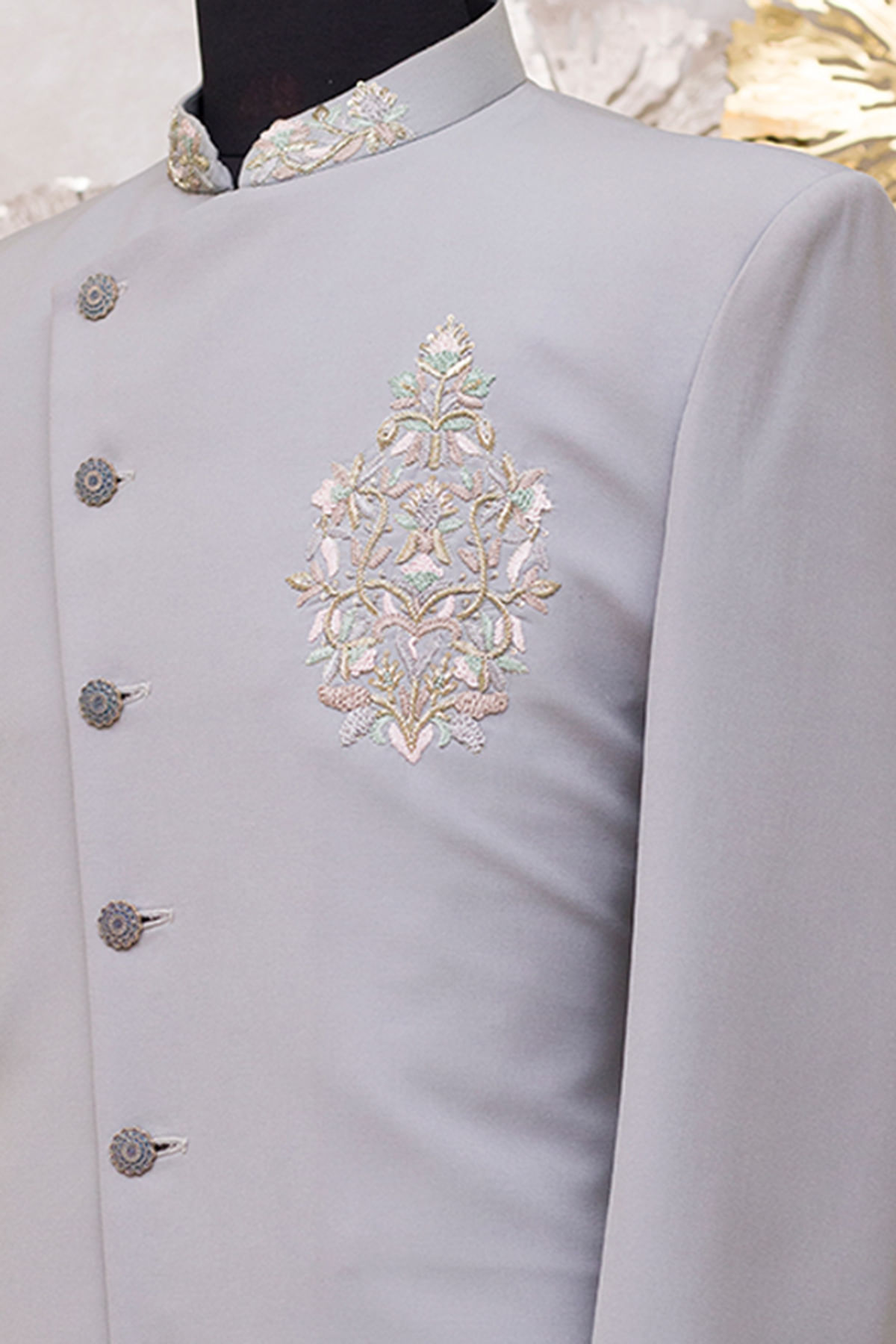 Light Blue Grey Zardosi Embroidered Sherwani (2-Piece) - Image 2