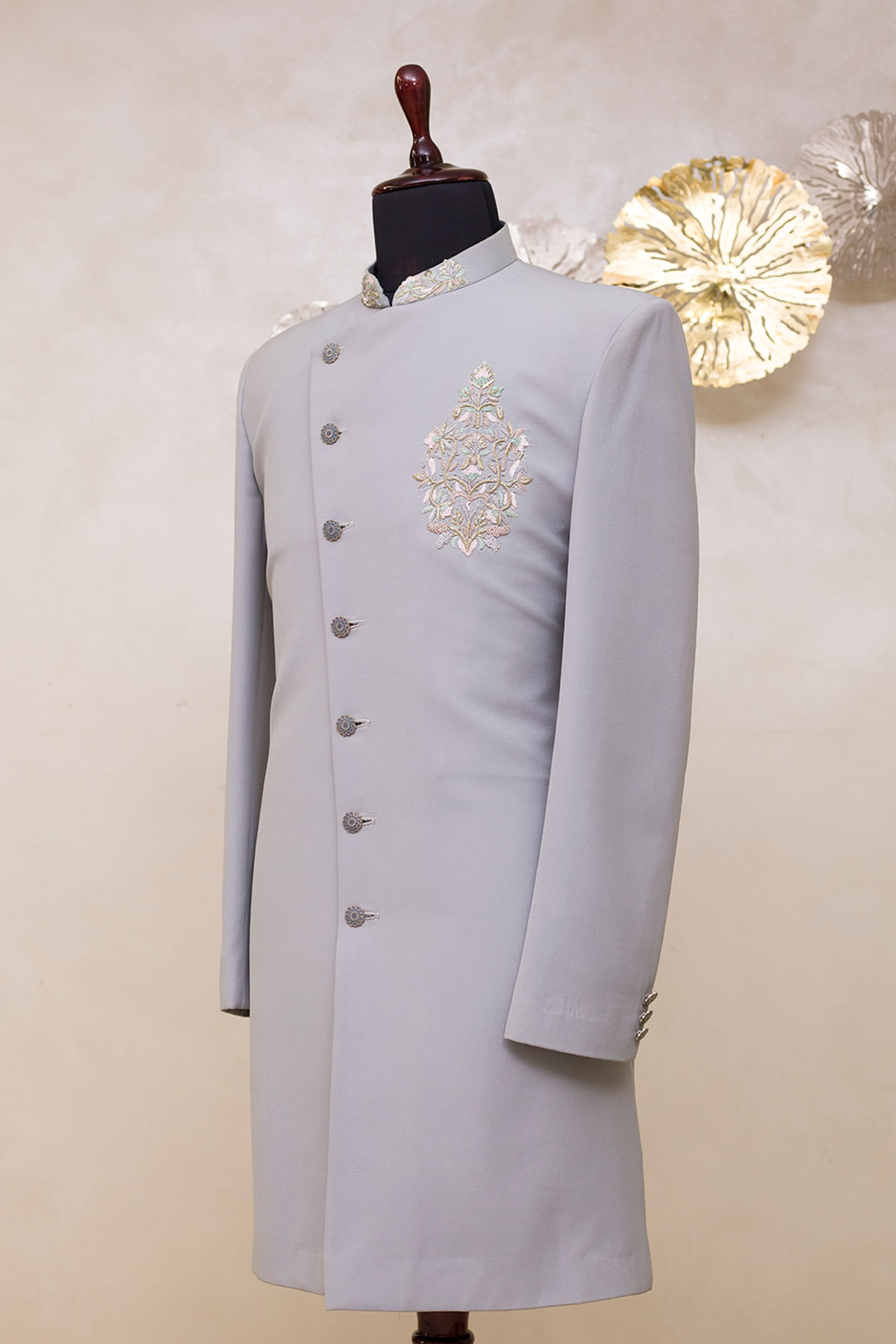 Light Blue Grey Zardosi Embroidered Sherwani (2-Piece) - Image 3