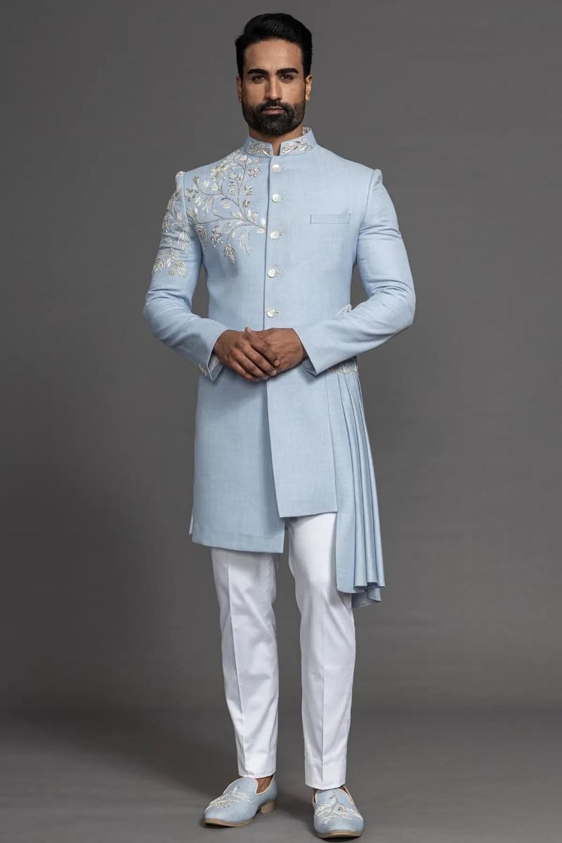 Pastel Blue Embroidered Jute Sherwani (2-Piece) - Image 1