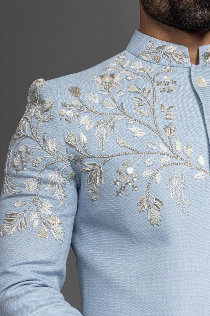 Pastel Blue Embroidered Jute Sherwani (2-Piece) - Image 2