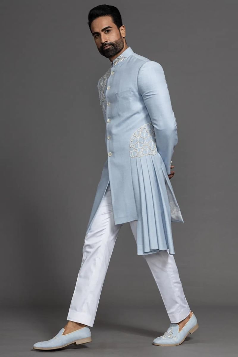 Pastel Blue Embroidered Jute Sherwani (2-Piece) - Image 4
