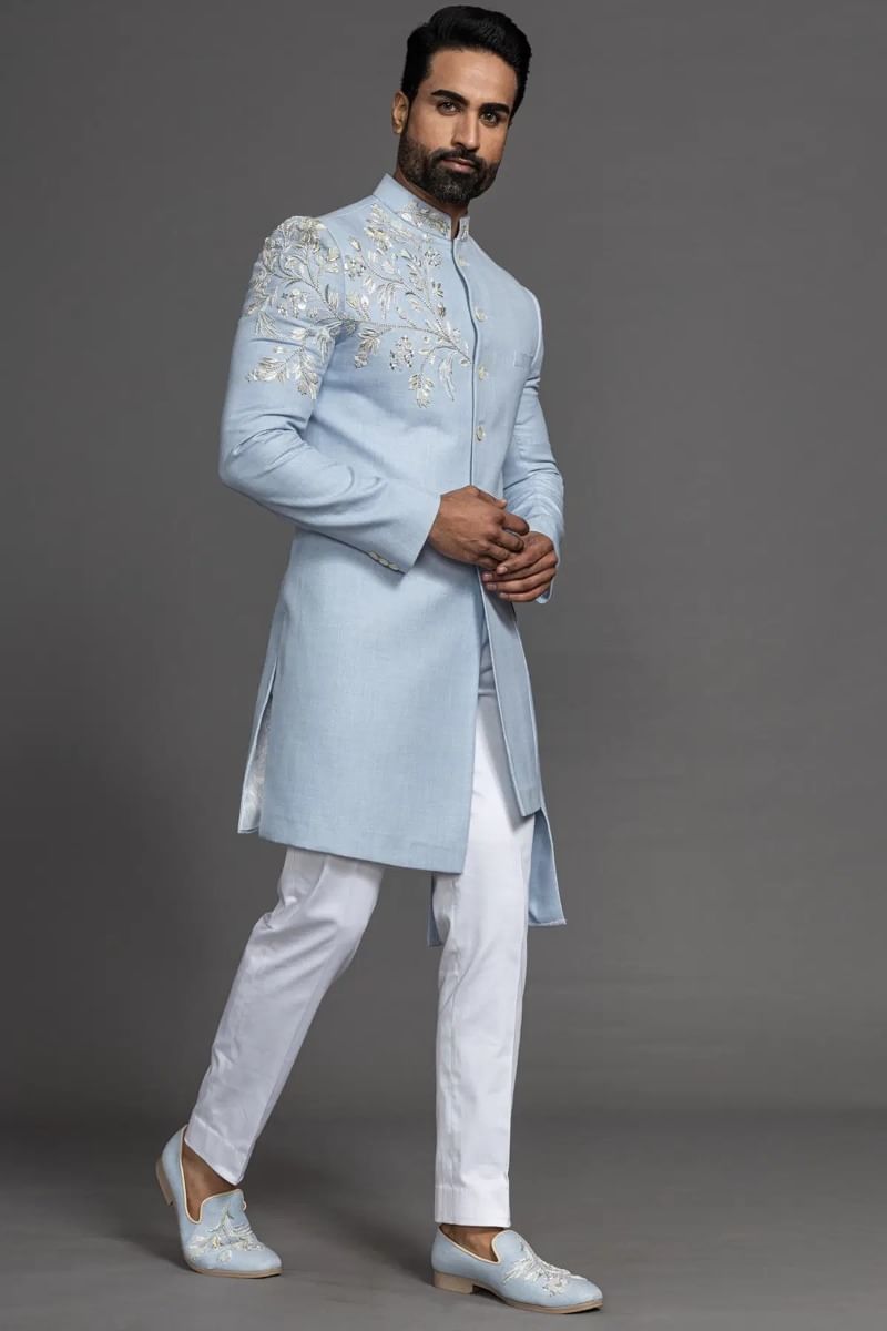 Pastel Blue Embroidered Jute Sherwani (2-Piece) - Image 5