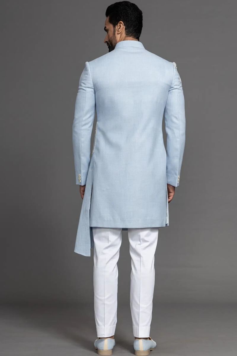 Pastel Blue Embroidered Jute Sherwani (2-Piece) - Image 6
