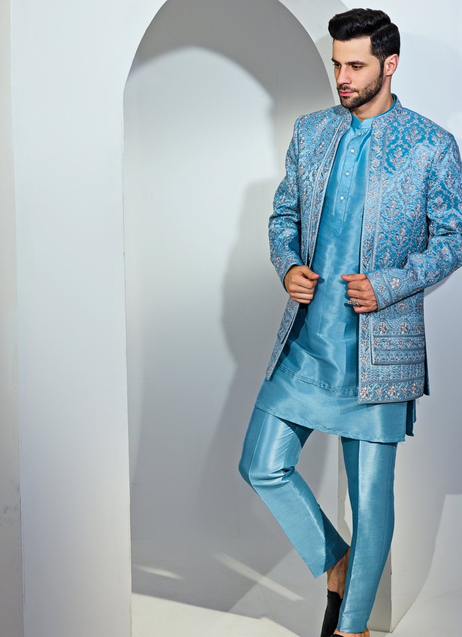 Light Blue Embroidered Silk-Blend Kurta Jacket Set (3-Piece) - Image 1