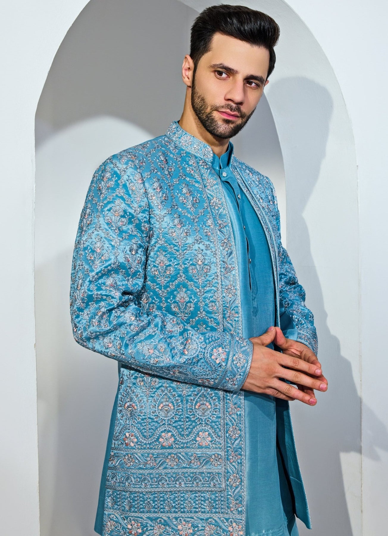 Light Blue Embroidered Silk-Blend Kurta Jacket Set (3-Piece) - Image 4