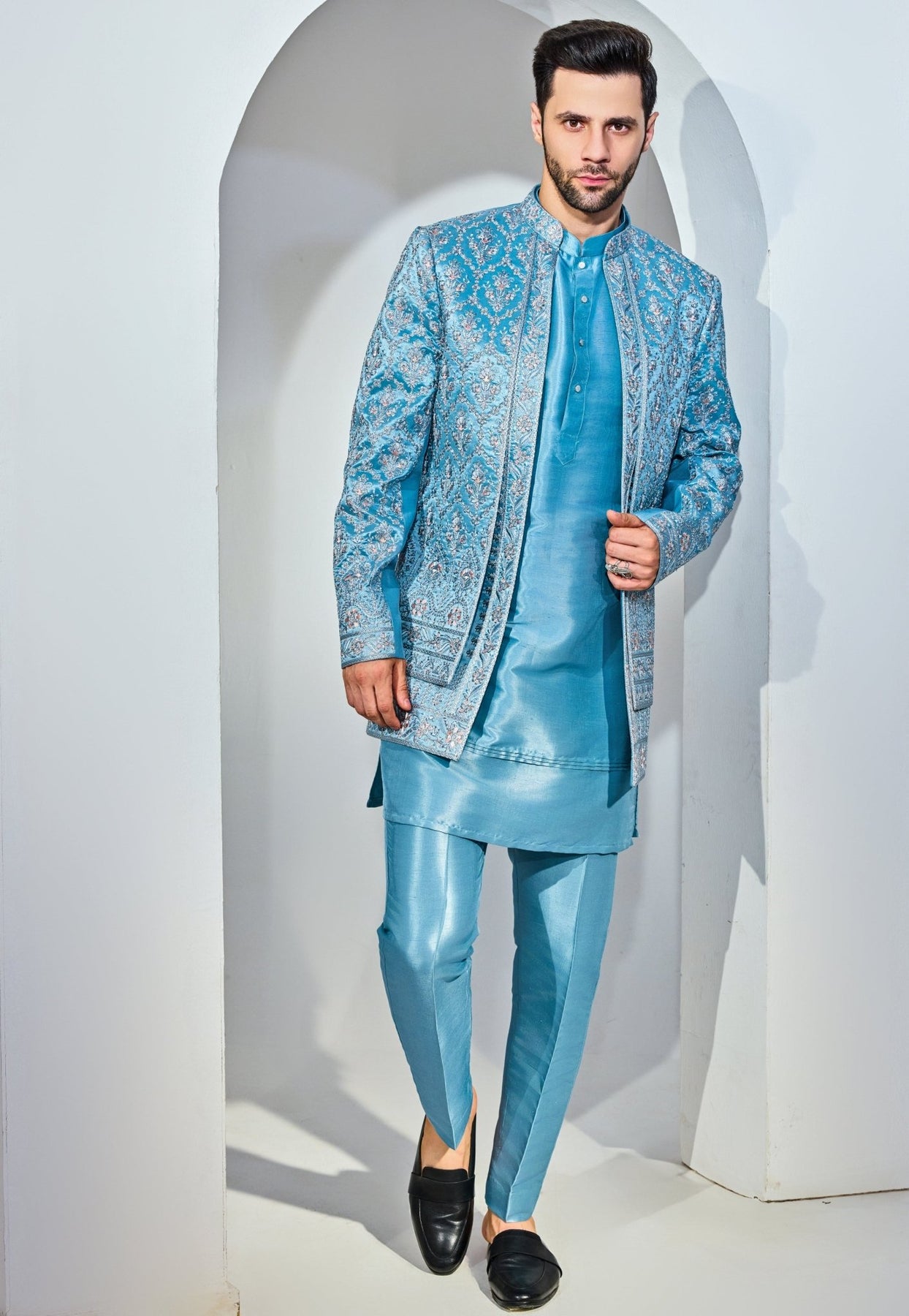Light Blue Embroidered Silk-Blend Kurta Jacket Set (3-Piece) - Image 5