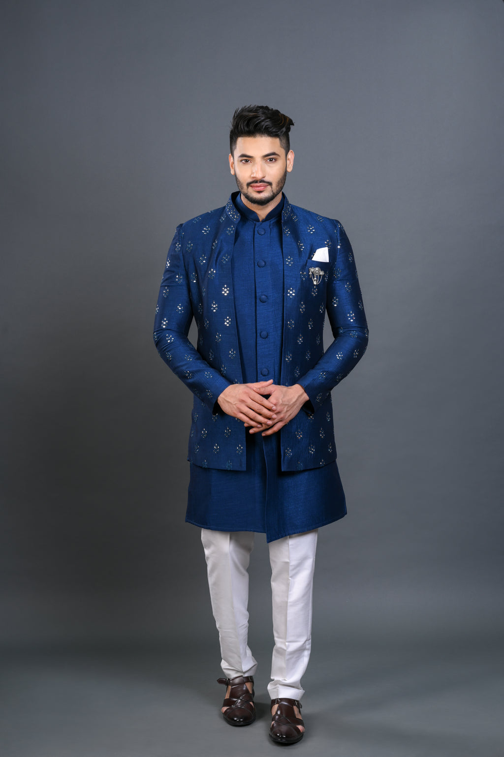 Royal Blue Mirror Work Silk Indo Western Sherwani (3-Piece) - Image 2