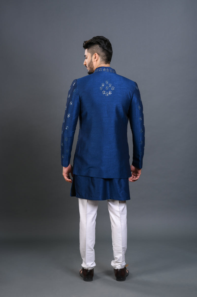 Royal Blue Mirror Work Silk Indo Western Sherwani (3-Piece) - Image 3