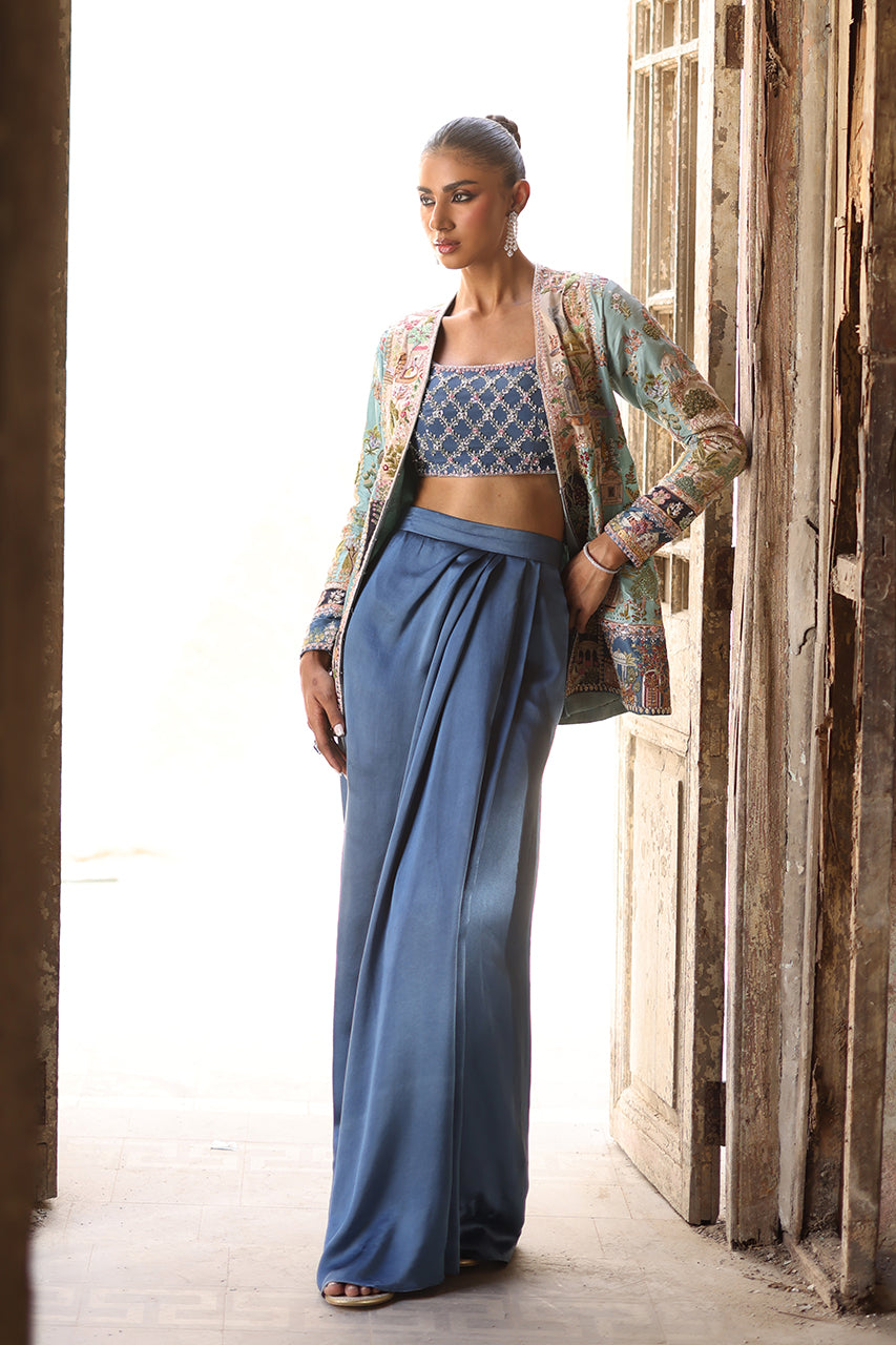 Pakistani Blue Embroidered Raw Silk & Charmeuse Jacket (3-Piece) - Image 1