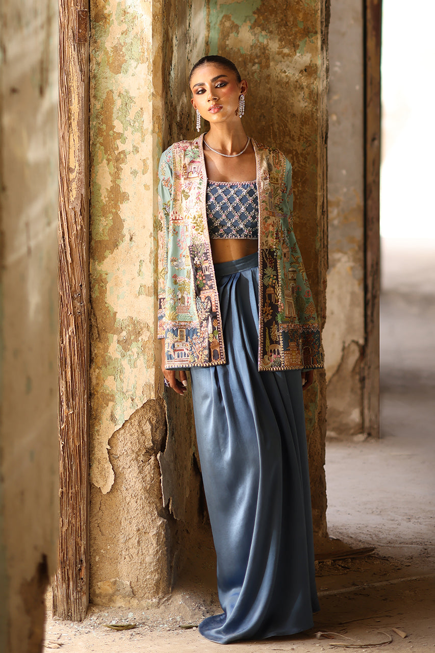 Pakistani Blue Embroidered Raw Silk & Charmeuse Jacket (3-Piece) - Image 4