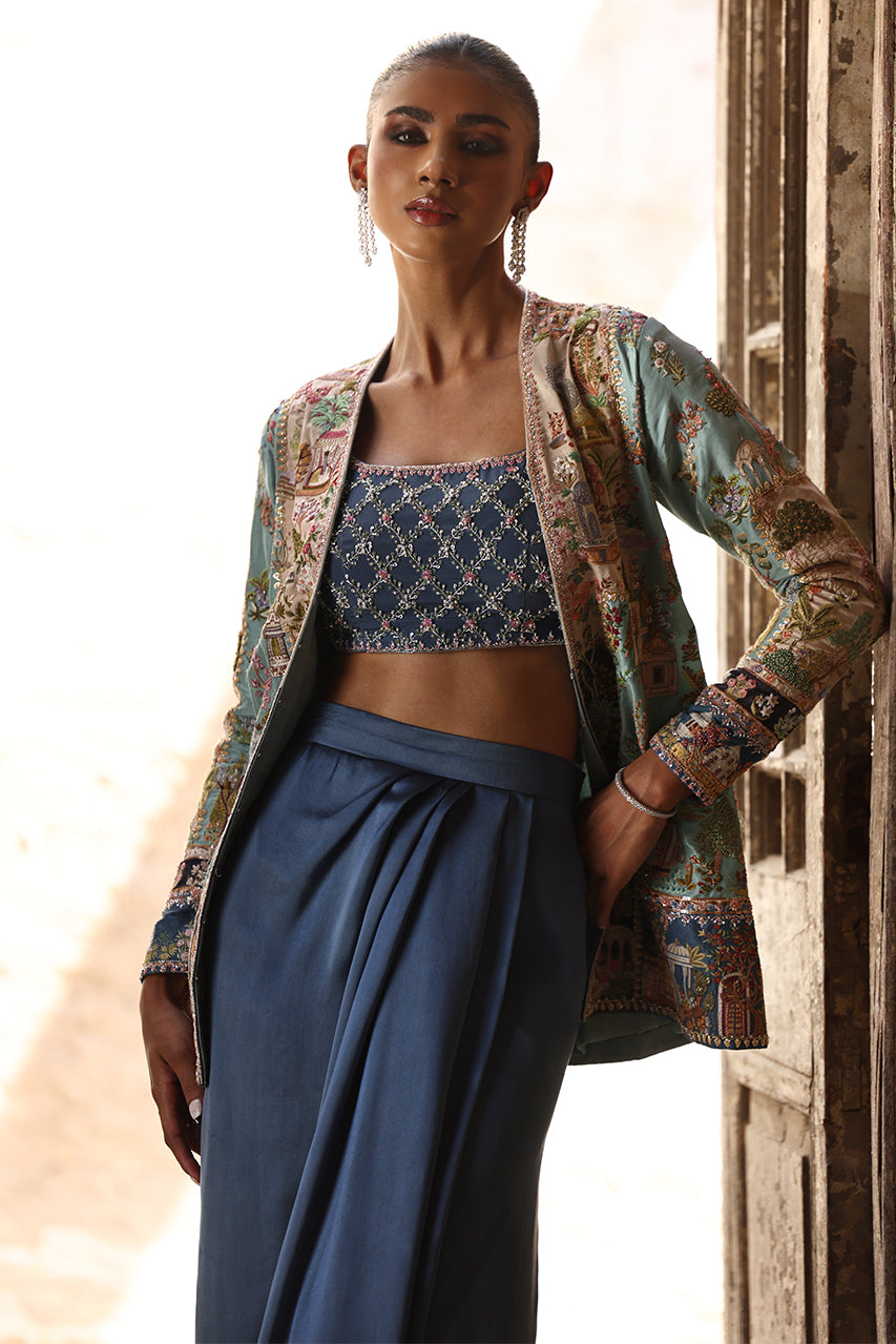 Pakistani Blue Embroidered Raw Silk & Charmeuse Jacket (3-Piece) - Image 5