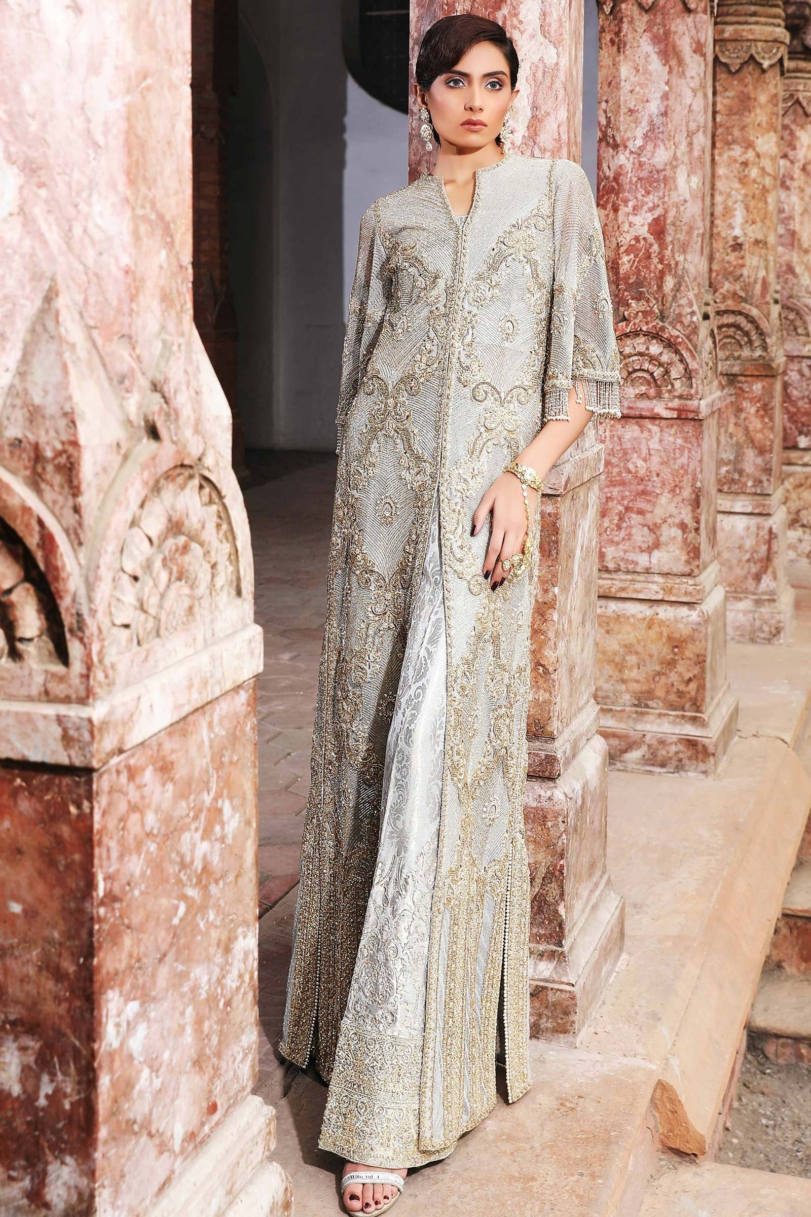 Pakistani Ice Blue Embroidered Organza Long Jacket (2-Piece) - Image 1