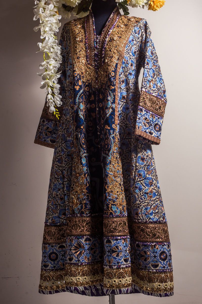 Pakistani Blue Marrori & Aari Embroidered Silk Jacket (2-Piece) - Image 1
