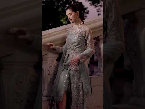 Ice Blue Embroidered Raw Silk Long Jacket (3-Piece) - Image 1