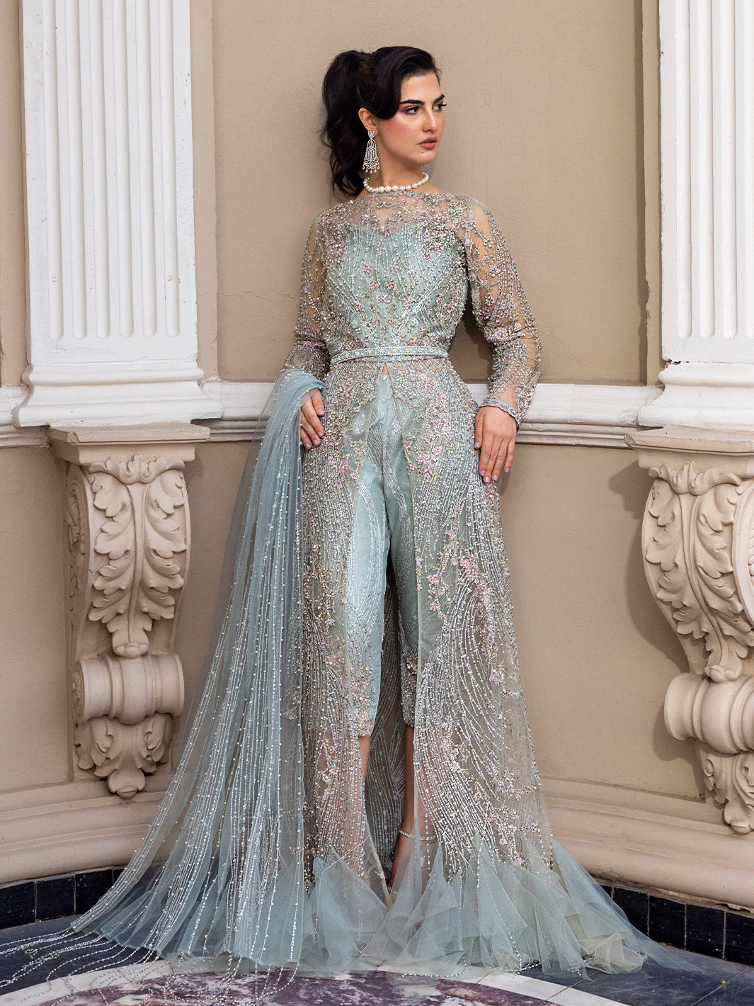 Ice Blue Embroidered Raw Silk Long Jacket (3-Piece) - Image 2
