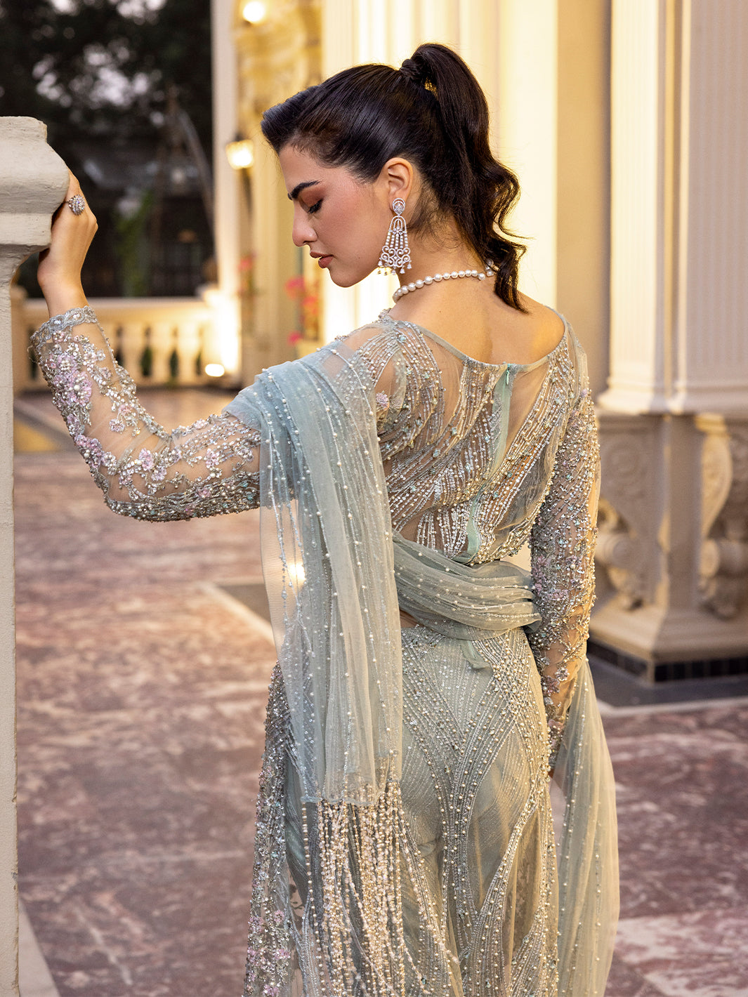 Ice Blue Embroidered Raw Silk Long Jacket (3-Piece) - Image 8
