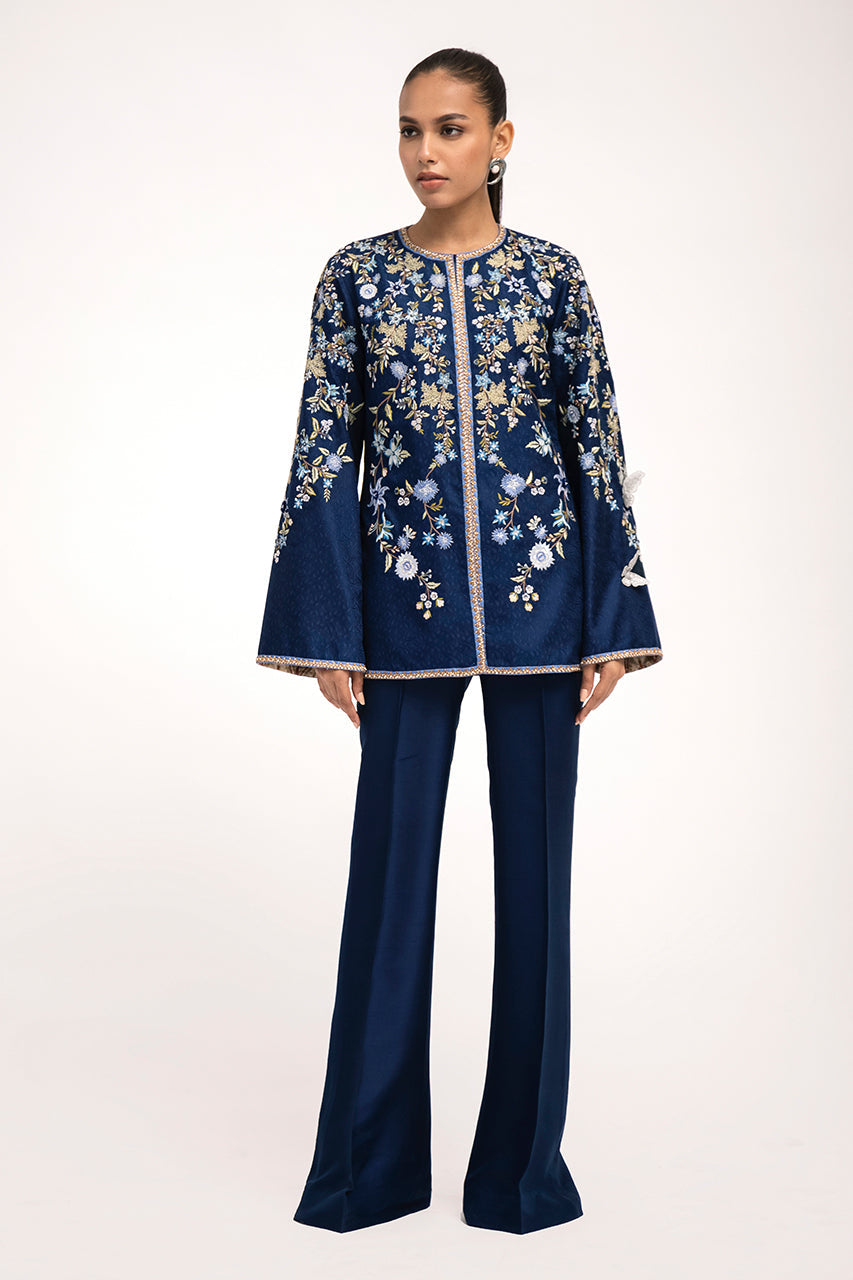 Royal Blue Embroidered Jamawar & Silk Jacket (2-Piece) - Image 1