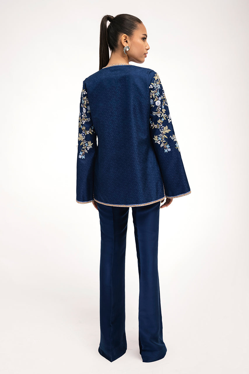 Royal Blue Embroidered Jamawar & Silk Jacket (2-Piece) - Image 2