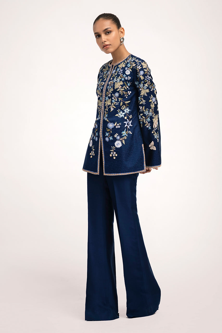 Royal Blue Embroidered Jamawar & Silk Jacket (2-Piece) - Image 3