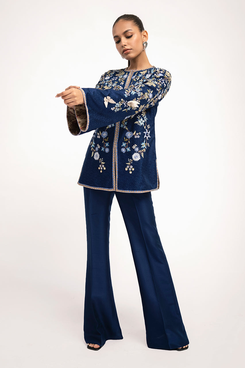 Royal Blue Embroidered Jamawar & Silk Jacket (2-Piece) - Image 4
