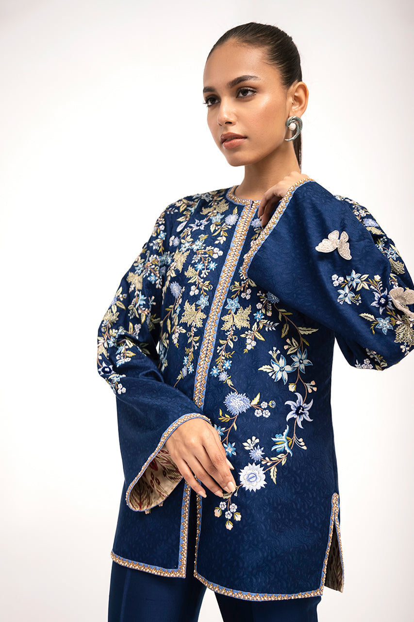 Royal Blue Embroidered Jamawar & Silk Jacket (2-Piece) - Image 5