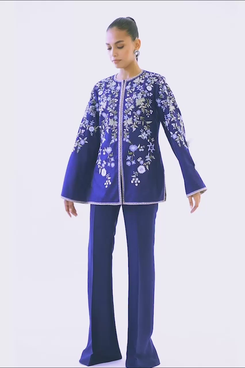 Royal Blue Embroidered Jamawar & Silk Jacket (2-Piece) - Image 6