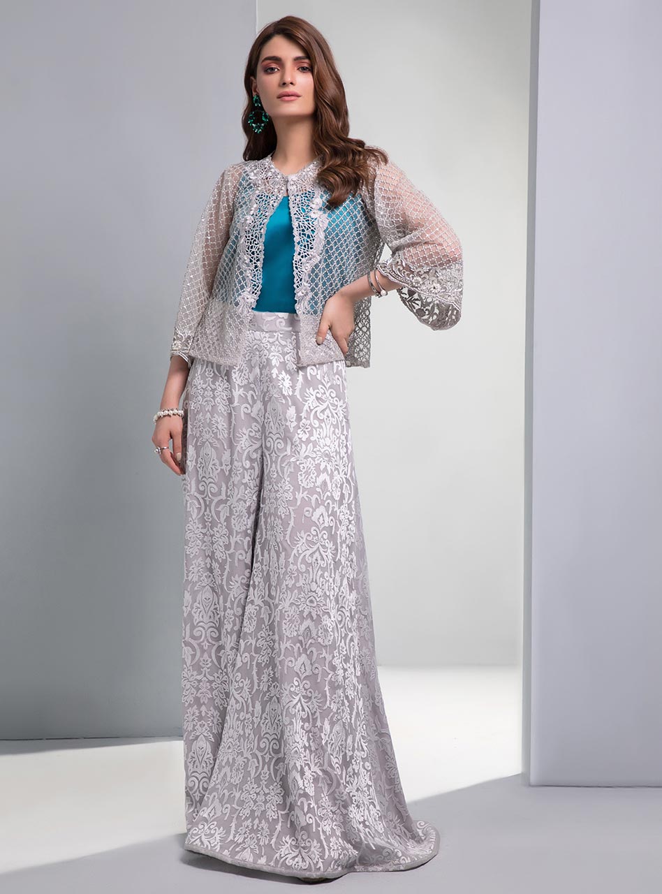 Aqua Blue Embroidered Net & Chiffon Jacket Set (3-Piece) - Image 1