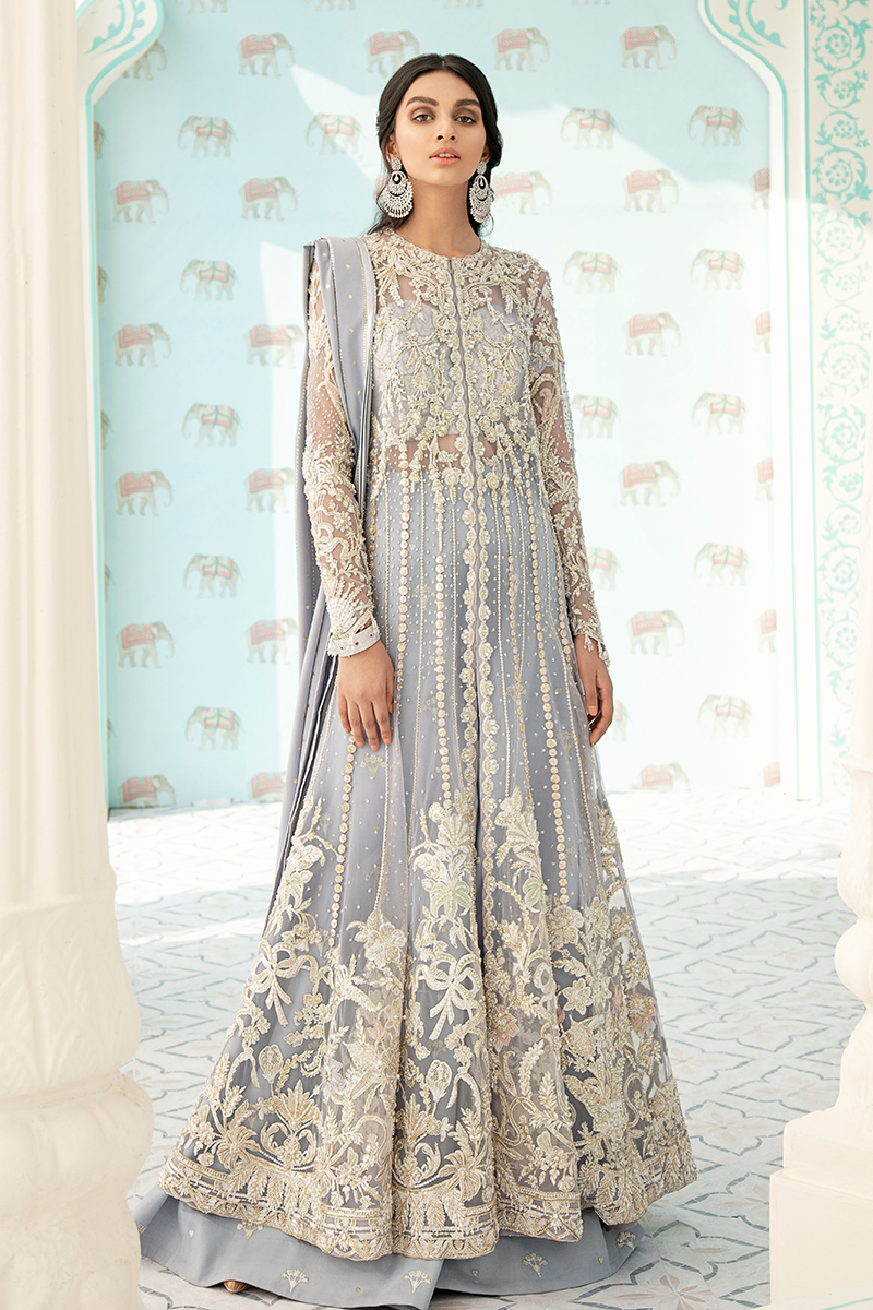Pakistani Lavender Blue Embroidered Net Jacket (3-Piece) - Image 10