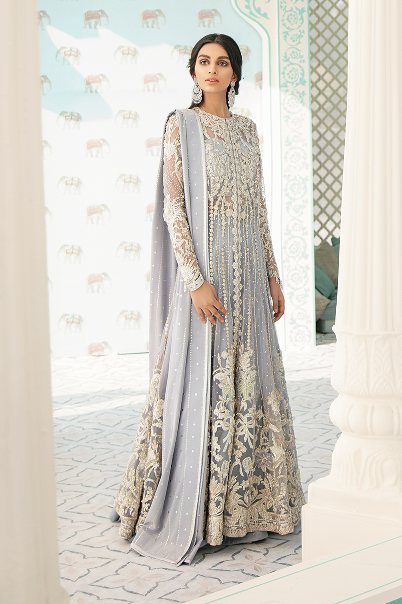 Pakistani Lavender Blue Embroidered Net Jacket (3-Piece) - Image 11