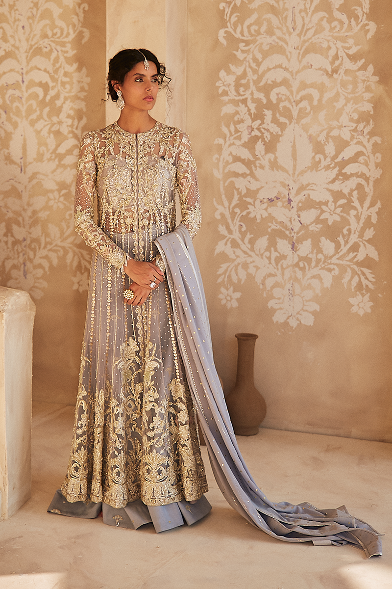 Pakistani Lavender Blue Embroidered Net Jacket (3-Piece) - Image 2