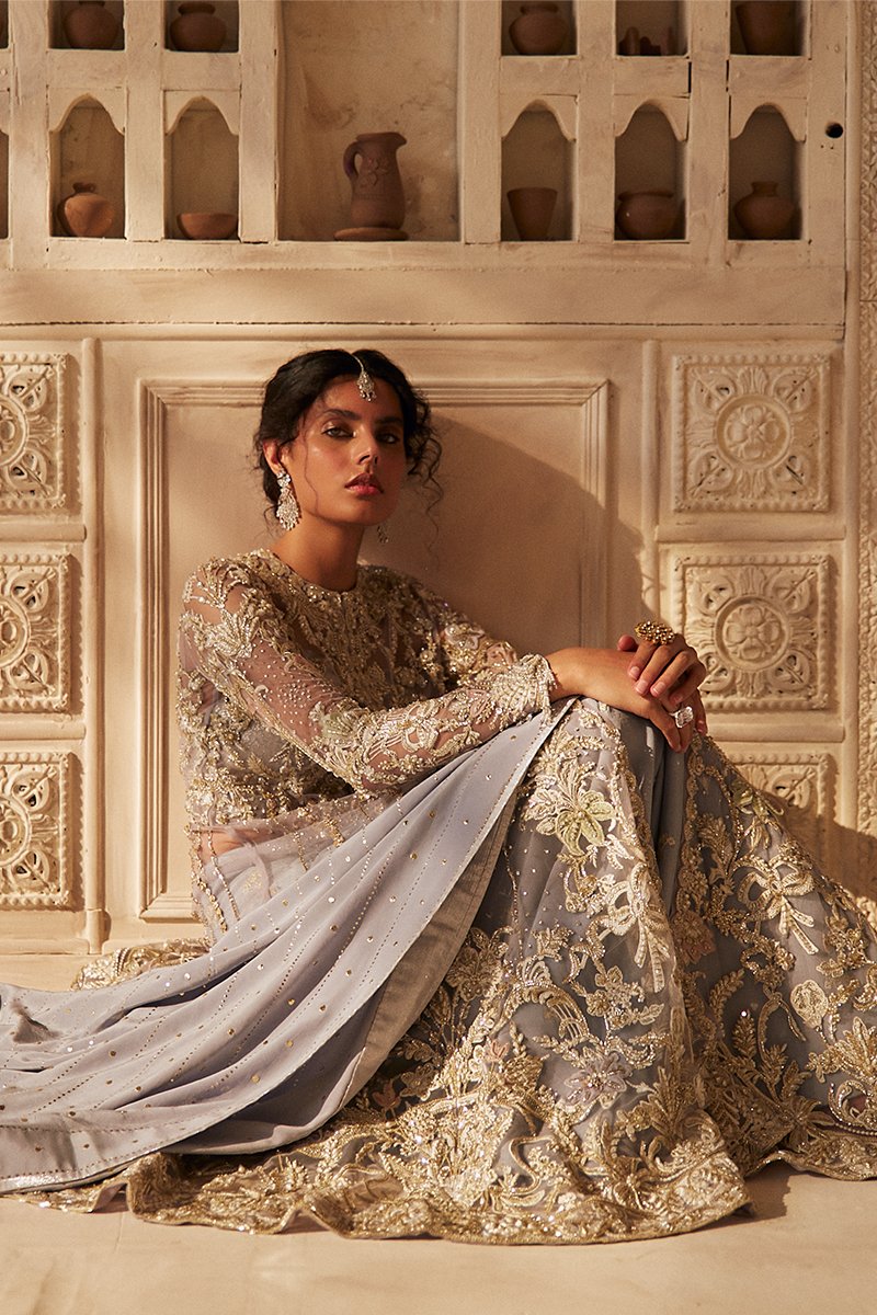 Pakistani Lavender Blue Embroidered Net Jacket (3-Piece) - Image 3