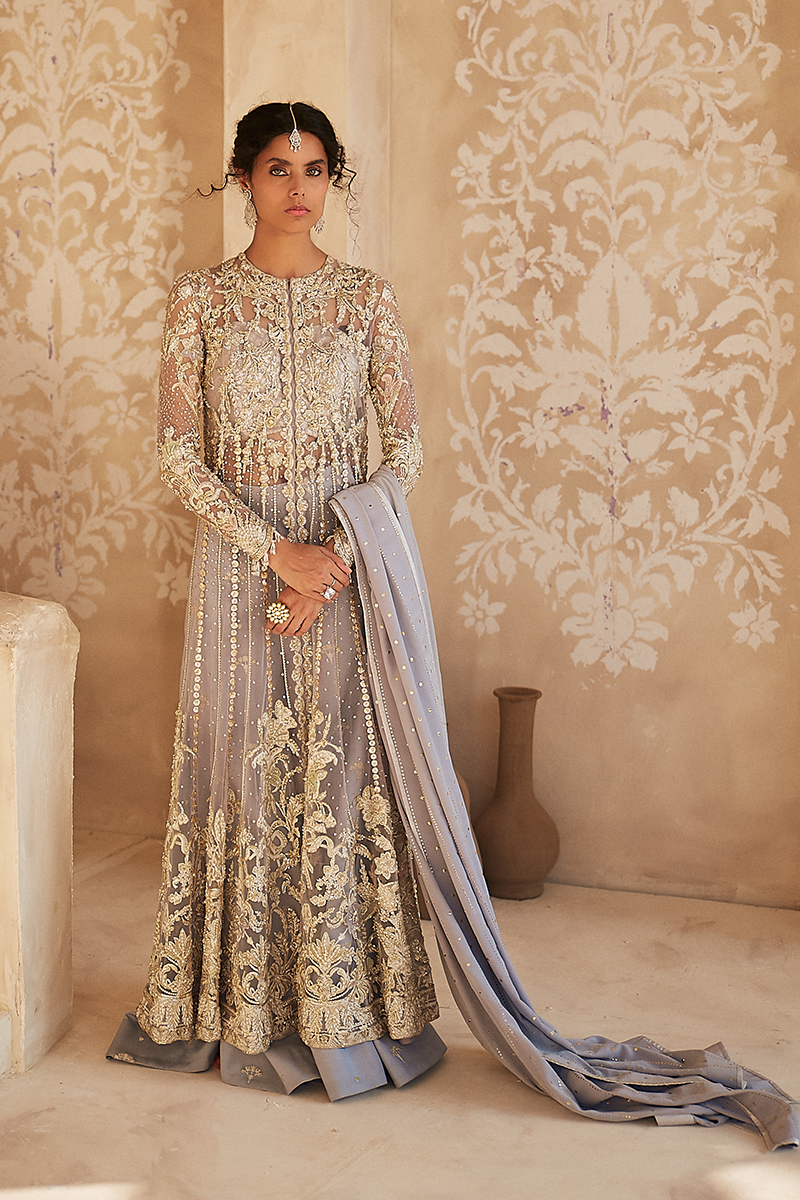 Pakistani Lavender Blue Embroidered Net Jacket (3-Piece) - Image 4