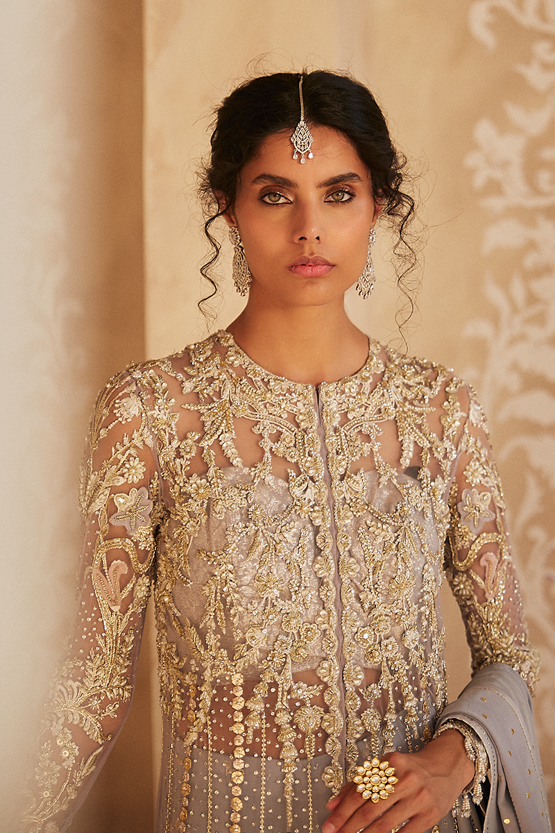 Pakistani Lavender Blue Embroidered Net Jacket (3-Piece) - Image 5