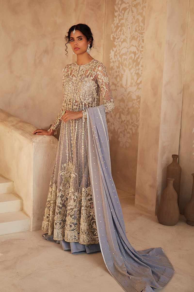 Pakistani Lavender Blue Embroidered Net Jacket (3-Piece) - Image 6