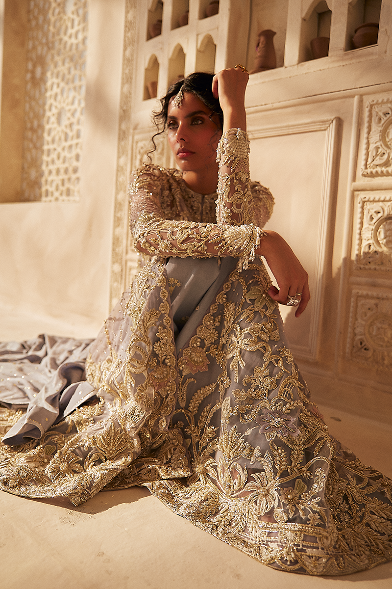 Pakistani Lavender Blue Embroidered Net Jacket (3-Piece) - Image 7