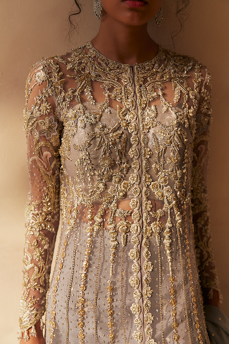 Pakistani Lavender Blue Embroidered Net Jacket (3-Piece) - Image 8