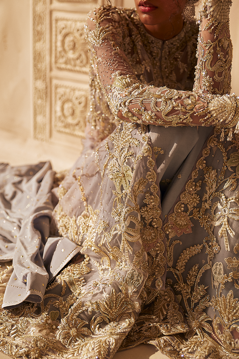 Pakistani Lavender Blue Embroidered Net Jacket (3-Piece) - Image 9