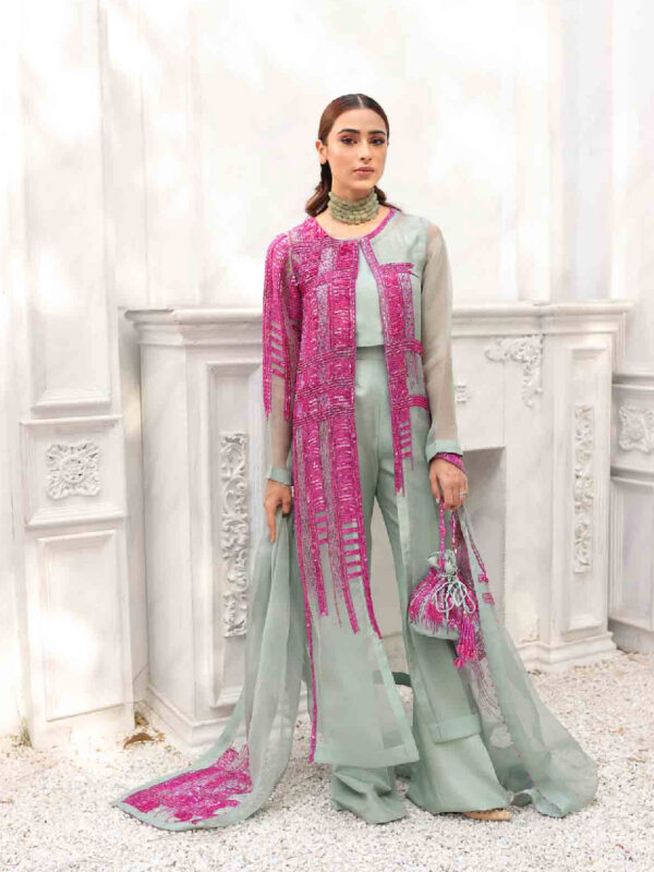 Pakistani Aqua Swarovski Beaded Organza Jacket Silk Bootcut (3-Piece) - Image 1