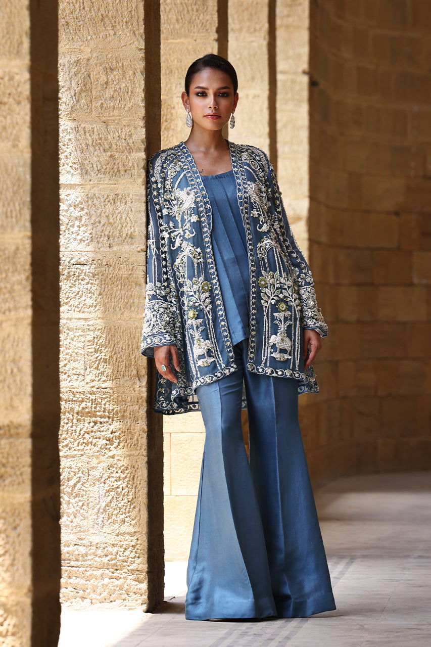Pakistani Blue-Teal Embroidered Organza & Raw Silk Jacket (3-Piece) - Image 1