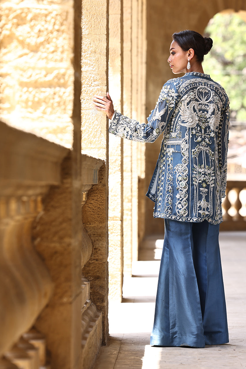 Pakistani Blue-Teal Embroidered Organza & Raw Silk Jacket (3-Piece) - Image 2