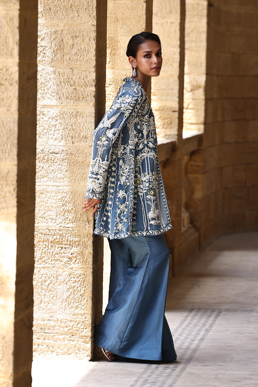Pakistani Blue-Teal Embroidered Organza & Raw Silk Jacket (3-Piece) - Image 3