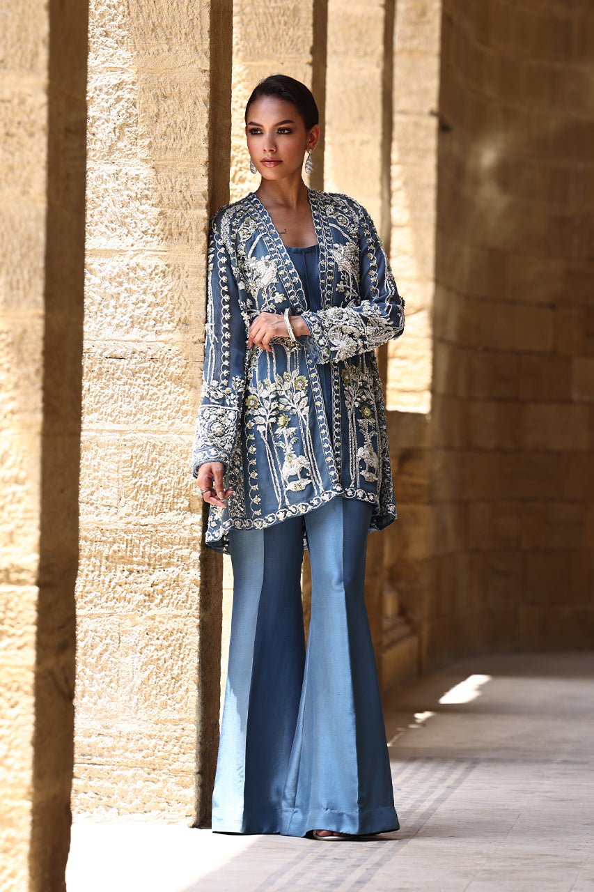 Pakistani Blue-Teal Embroidered Organza & Raw Silk Jacket (3-Piece) - Image 5