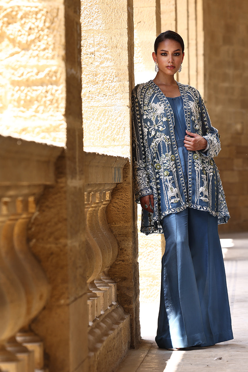 Pakistani Blue-Teal Embroidered Organza & Raw Silk Jacket (3-Piece) - Image 6