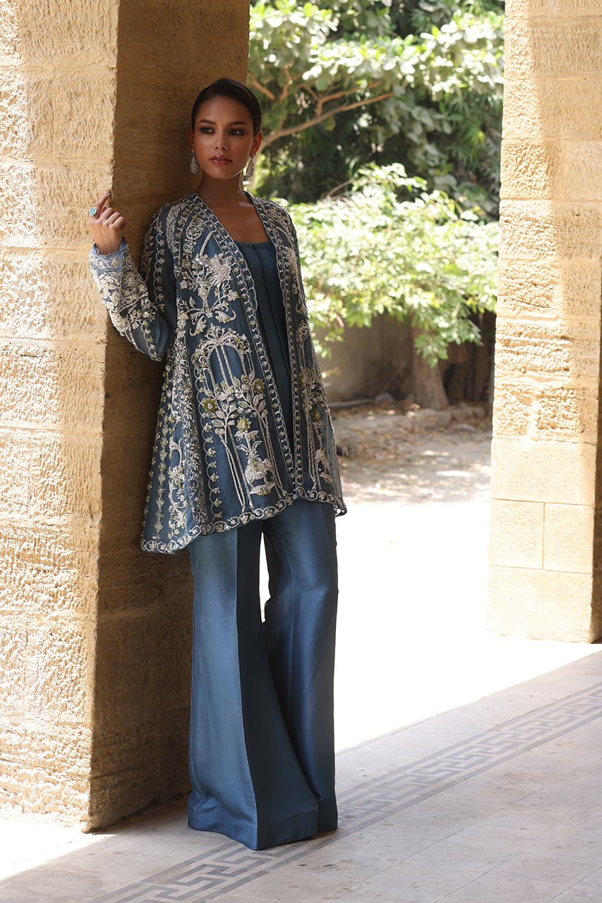 Pakistani Blue-Teal Embroidered Organza & Raw Silk Jacket (3-Piece) - Image 7