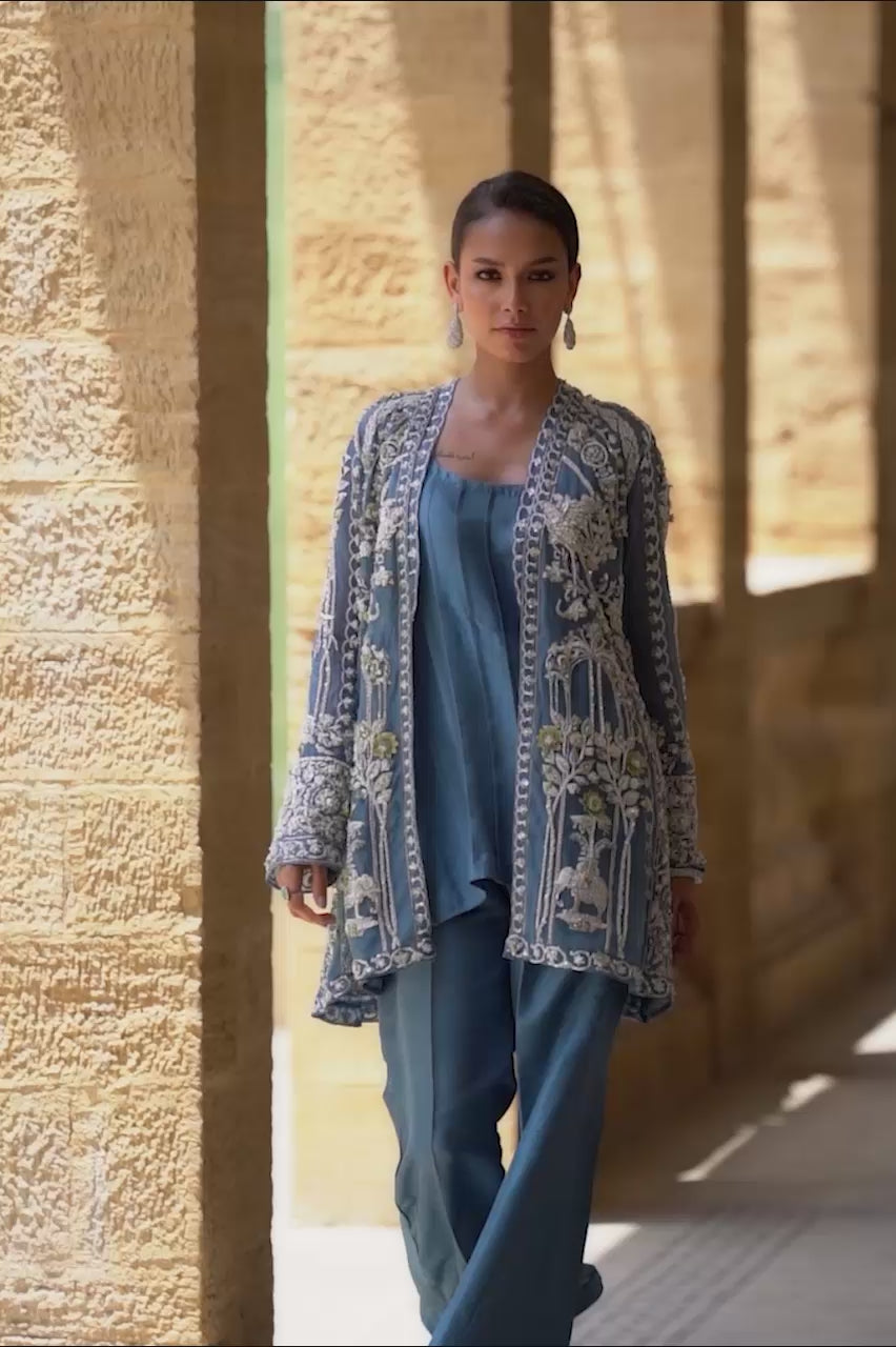 Pakistani Blue-Teal Embroidered Organza & Raw Silk Jacket (3-Piece) - Image 8