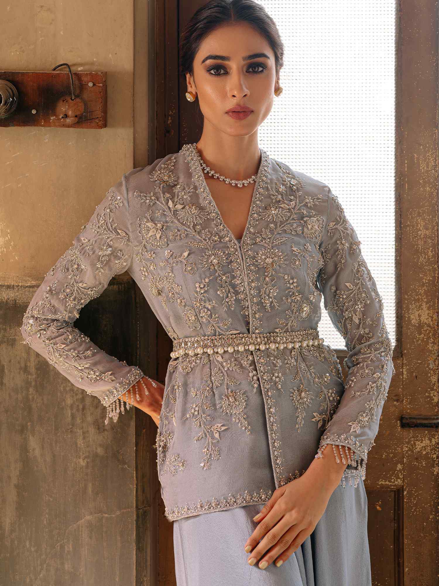 Misty Blue Zardozi Organza Silk Jacket Set (3-Piece) - Image 2