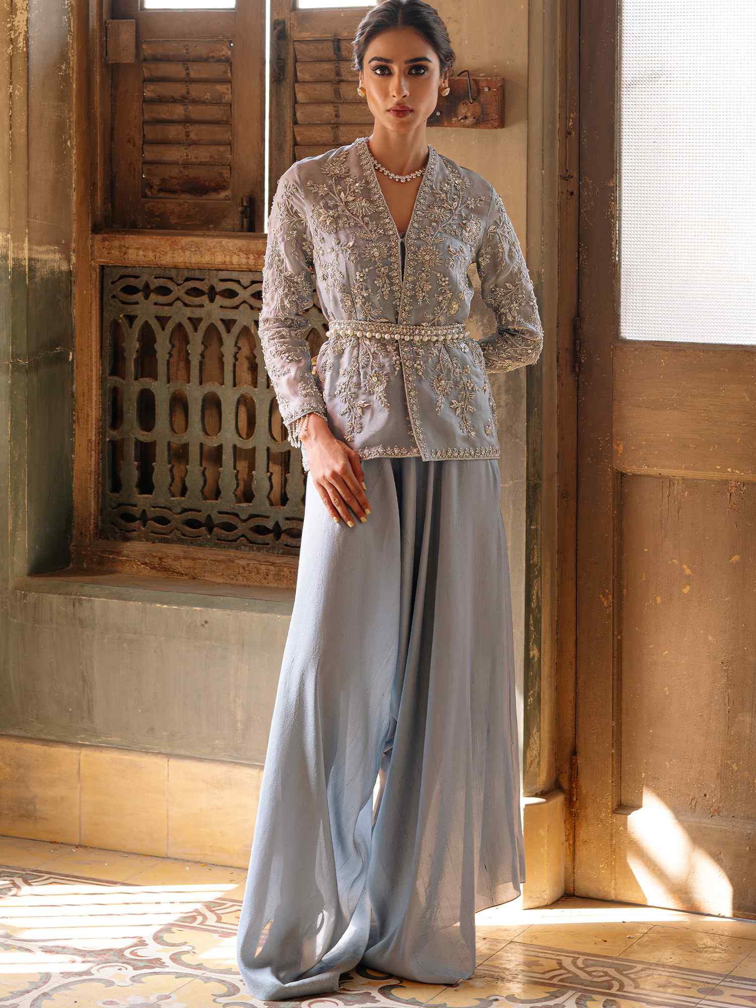 Misty Blue Zardozi Organza Silk Jacket Set (3-Piece) - Image 3